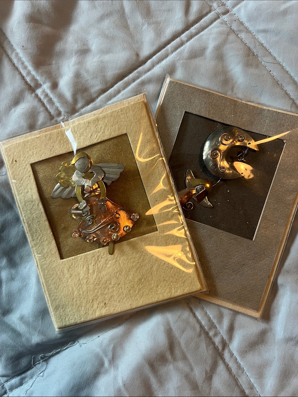 Handmade Set of 2 Angel and Moon Metal Pin Set - Silver & Copper Tones